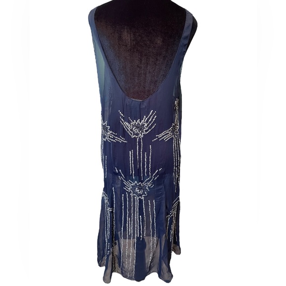 H&M Autumn Collection Blue Silver Sheer Chiffon Beaded Sequin Glam Gatsby Dress - Picture 6 of 8